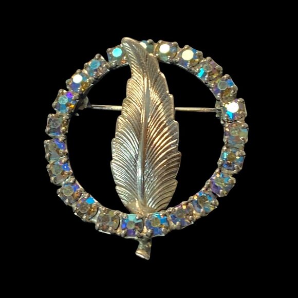 Vintage Aurora Borealis Rhinestone Circle Pin With Silver-Toned Feather Design - Picture 1 of 10